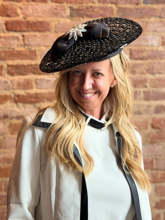 Whittall & Shon Accessories - Black Woven Fascinator Hat with Satin Bow and Crystal Accent